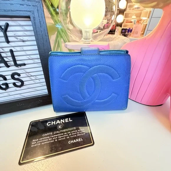 Vintage Chanel Bi-Fold Caviar Leather CC Wallet 1996-1997 Blue 💙 - Picture 1 of 13